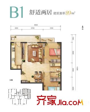 远洋新悦户型图B1户型 2室2厅1卫1厨