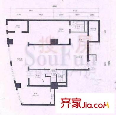 华龙大厦户型图E户型 3室2厅2卫1厨