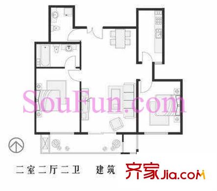 亚奥阳光户型图户型图 2室2厅2卫1厨