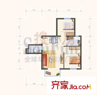 酷特区户型图B单元05户型 2室2厅1卫1厨