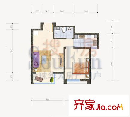 酷特区户型图B单元04户型 1室1厅1卫1厨