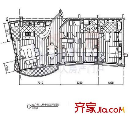 公园大道户型图3#3-19层D户型 3室2厅2卫1厨