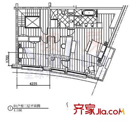 公园大道户型图3#2层D户型 2室1厅1卫1厨