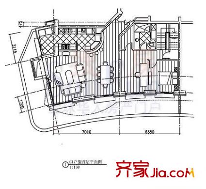 公园大道户型图3#1层C户型 2室1厅1卫1厨