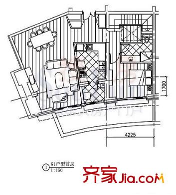 公园大道户型图3#1层G户型 1室1厅1卫1厨