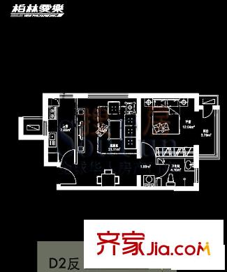 柏林爱乐户型图四期2#D2反户型 1室1厅1卫1厨