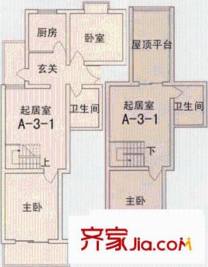 德胜世嘉户型图A-3-1型(跃层) 3室2厅2卫1厨