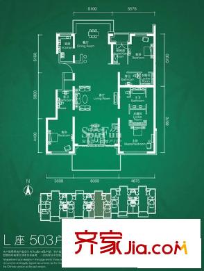 置地公馆户型图L503户型 3室2厅3卫1厨