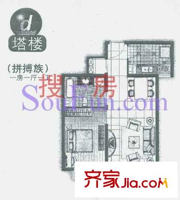 朝阳捷座户型图D户型 1室1厅1卫1厨