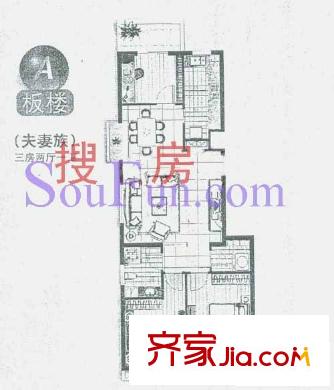 朝阳捷座户型图A户型 3室2厅1卫1厨