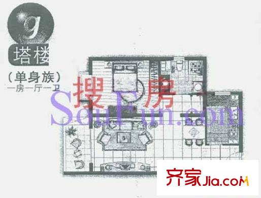 朝阳捷座户型图G户型 1室1厅1卫1厨