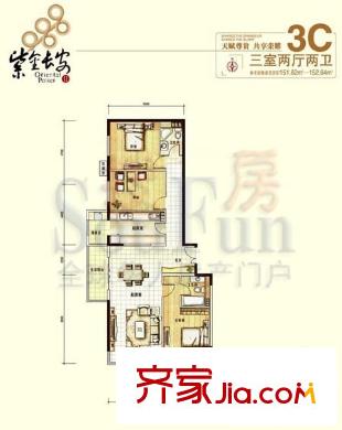 紫金长安户型图3C户型 3室2厅2卫1厨
