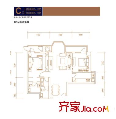 时代帝景户型图3号楼C户型 2室2厅2卫1厨