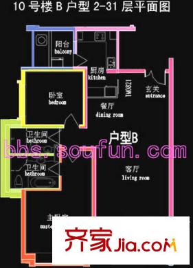 棕榈泉国际公寓户型图10号楼B户型 2室2厅2卫1厨