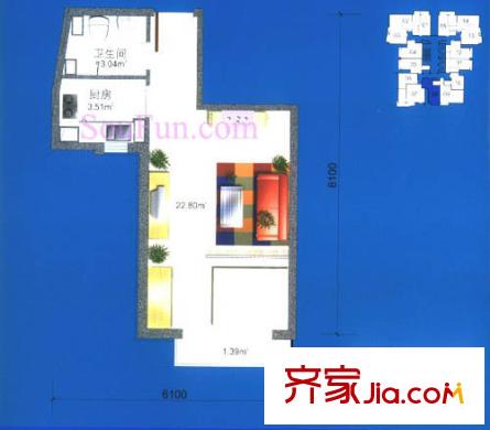 炫特区户型图9#H户型 1室1厅1卫1厨