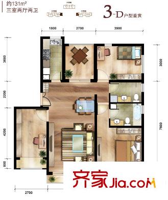 中国铁建花语城户型图3-D户型 3室2厅2卫1厨
