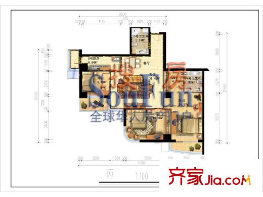 自然美国际商务公寓户型图丙户型 3室2厅2卫