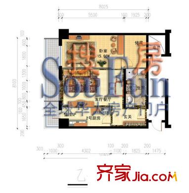 自然美国际商务公寓户型图乙1户型 1室2厅1卫1厨