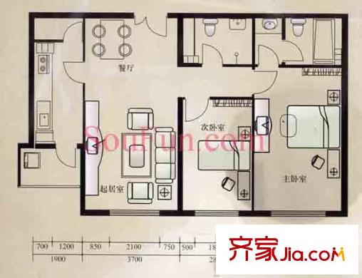 紫金长安户型图2A户型图 2室2厅2卫1厨