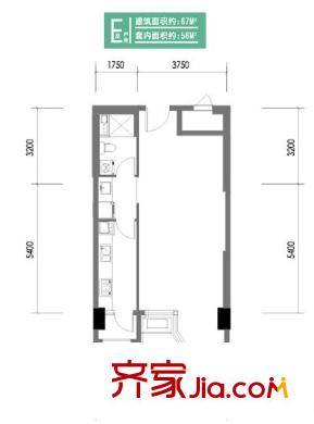 时代帝景户型图E反户型 1室1卫1厨