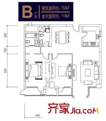 时代帝景户型图3号楼B户型 2室2厅2卫1厨