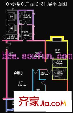 棕榈泉国际公寓户型图10号楼C户型 3室2厅2卫1厨
