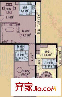 世纪宝鼎户型图B 户型 三室二厅二卫 3室2厅2卫1厨
