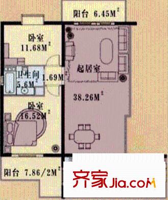 世纪宝鼎户型图E户型二室二厅一卫 2室2厅1卫1厨