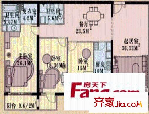 世纪宝鼎户型图C户型三室二厅二卫 3室2厅2卫1厨