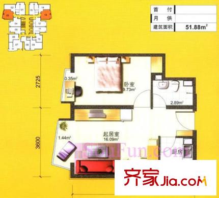 炫特区户型图9#C户型 1室1厅1卫1厨