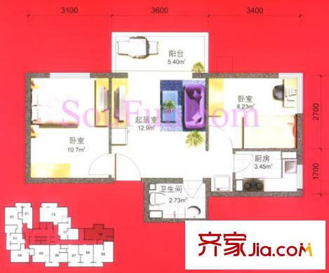 炫特区户型图12#J型 2室1厅1卫1厨