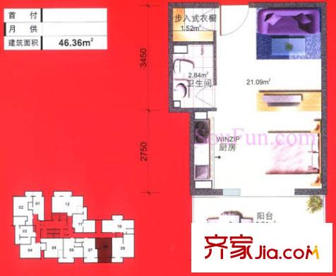炫特区户型图12#H型 1室1厅1卫1厨