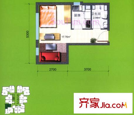 炫特区户型图9#F户型 1室1厅1卫1厨