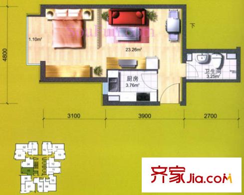 炫特区户型图9#E户型 1室1厅1卫1厨