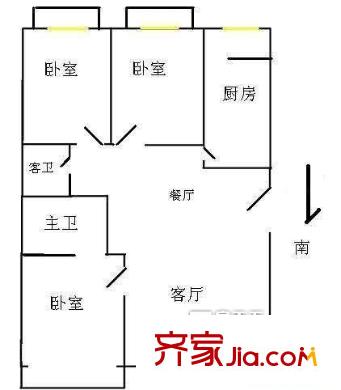 英特公寓户型图3居户型图 3室2厅2卫1厨