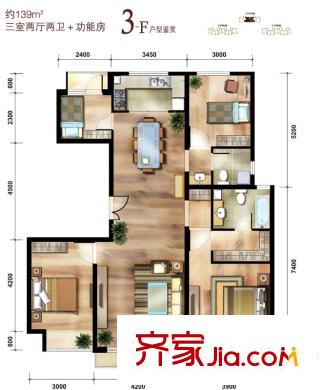 中国铁建花语城户型图3-F户型 3室2厅2卫1厨