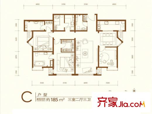 红山世家户型图5号楼C户型 3室2厅3卫1厨