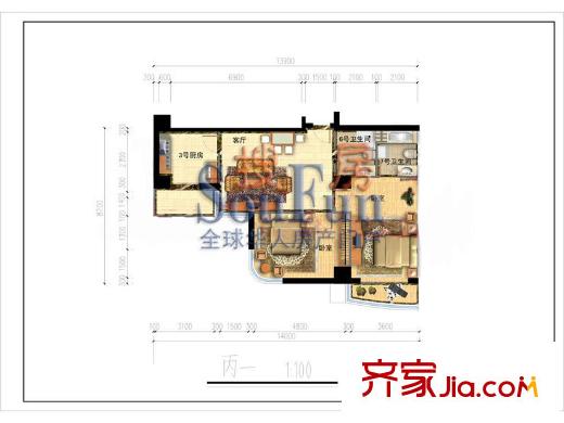 自然美国际商务公寓户型图丙1户型 2室2厅2卫1厨