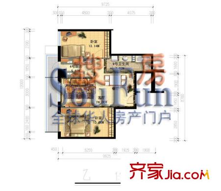 自然美国际商务公寓户型图乙户型 2室2厅1卫1厨