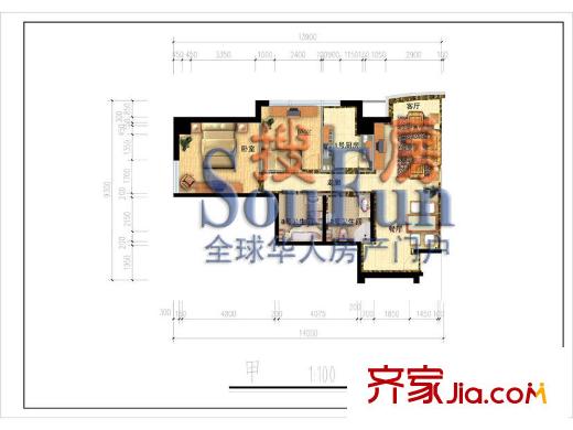 自然美国际商务公寓户型图甲户型 2室2厅2卫1厨