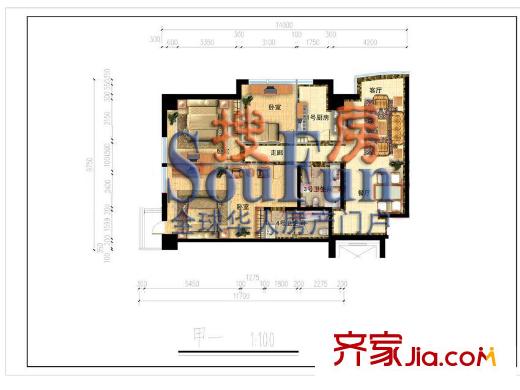 自然美国际商务公寓户型图甲1户型 3室2厅2卫1厨