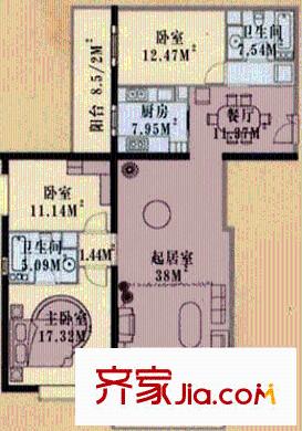 世纪宝鼎户型图H户型三室二厅二卫 3室2厅2卫1厨