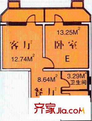 安和家园户型图E户型 1室2厅1卫1厨