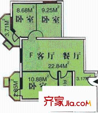 安和家园户型图F户型 3室2厅1卫1厨