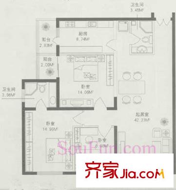 碧水星阁户型图E户型 3室2厅2卫1厨