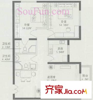 碧水星阁户型图B户型 2室2厅2卫1厨
