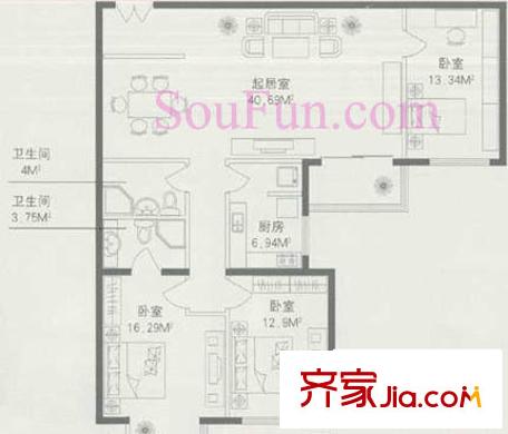 碧水星阁户型图F户型 3室2厅2卫1厨