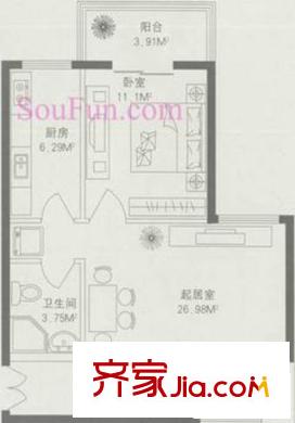 碧水星阁户型图L户型 1室2厅1卫1厨