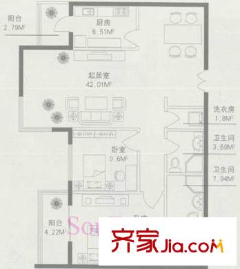 碧水星阁户型图C户型 2室2厅2卫1厨