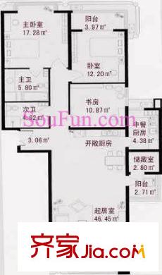 康堡花园户型图G型 3室2厅2卫2厨